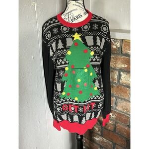 Christmas Tree Sweater Holiday Black Sweater M Get Lit With Pouch Festive Warm